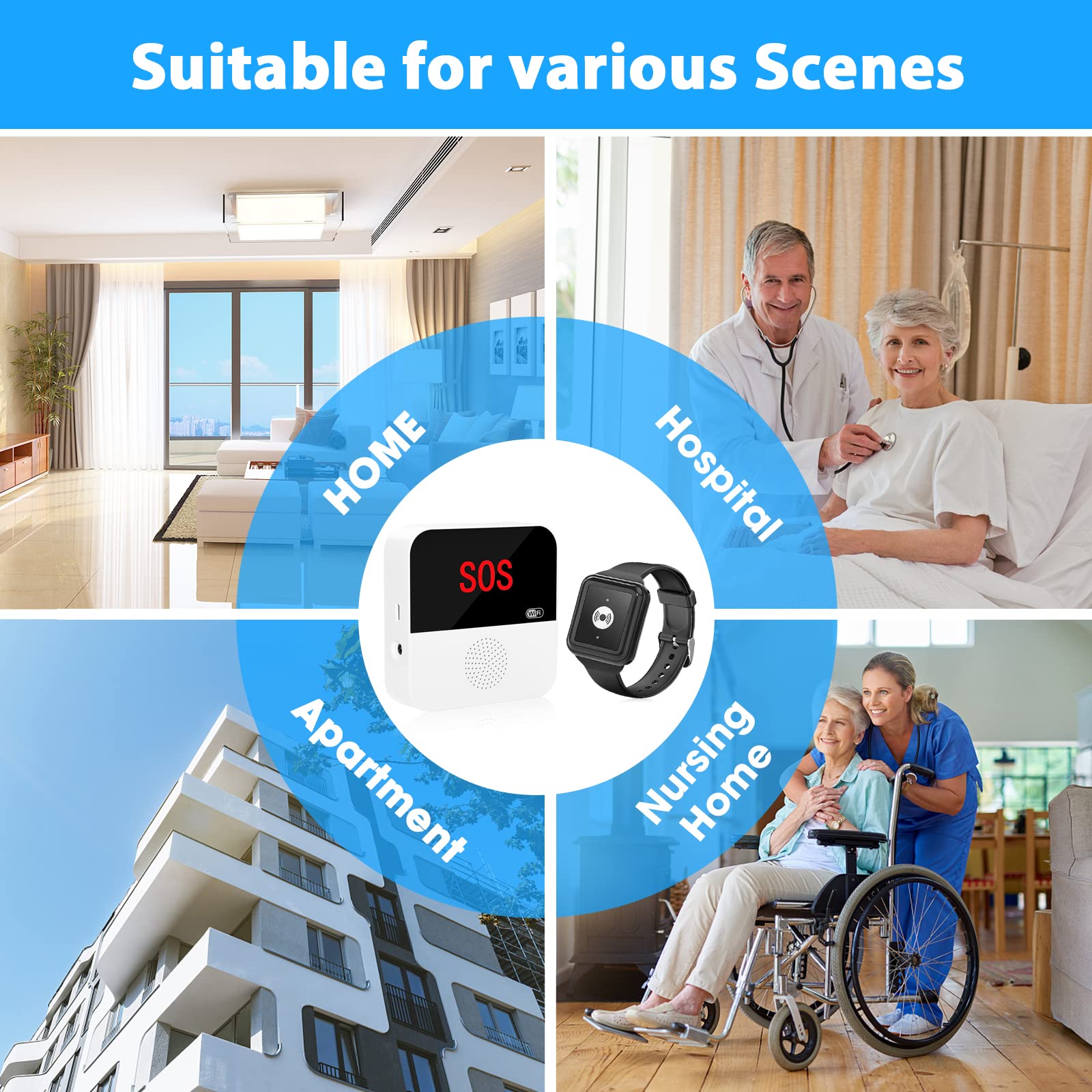 TY03+E-03W Daytech WiFi Caregiver Pager Call Button Nurse Call System Emergency Button for Elderly Patient Seniors Disabled 2 Watch Buttons 1 Receiver