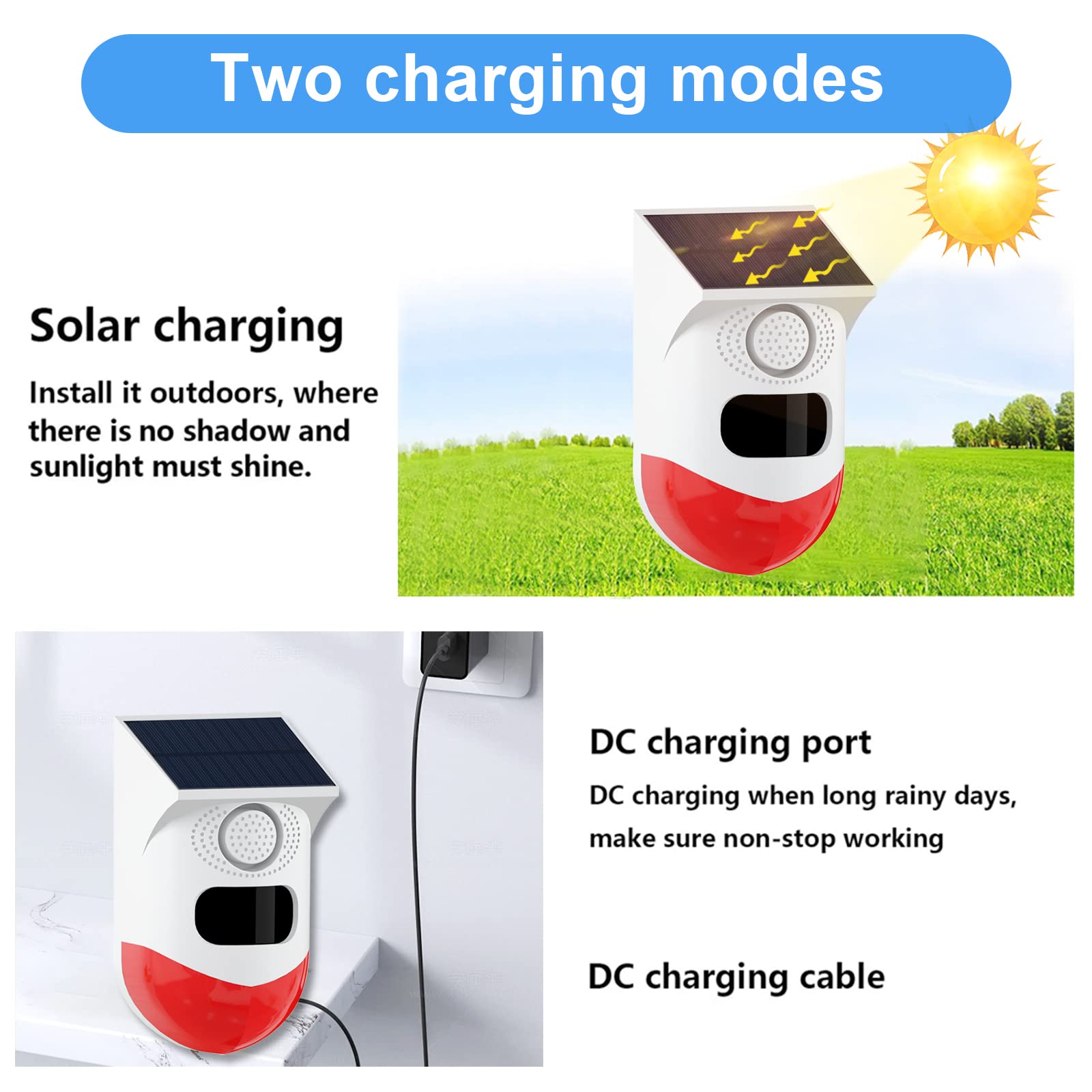 Daytech WiFi Solar Outdoor Motion Sensor Alarm,130db Sound Security Siren Light with Remote Controller Tuya APP Operation IP67 Waterproof Motion Detector for Home Villa Farm Barn Yard Chicken coop
