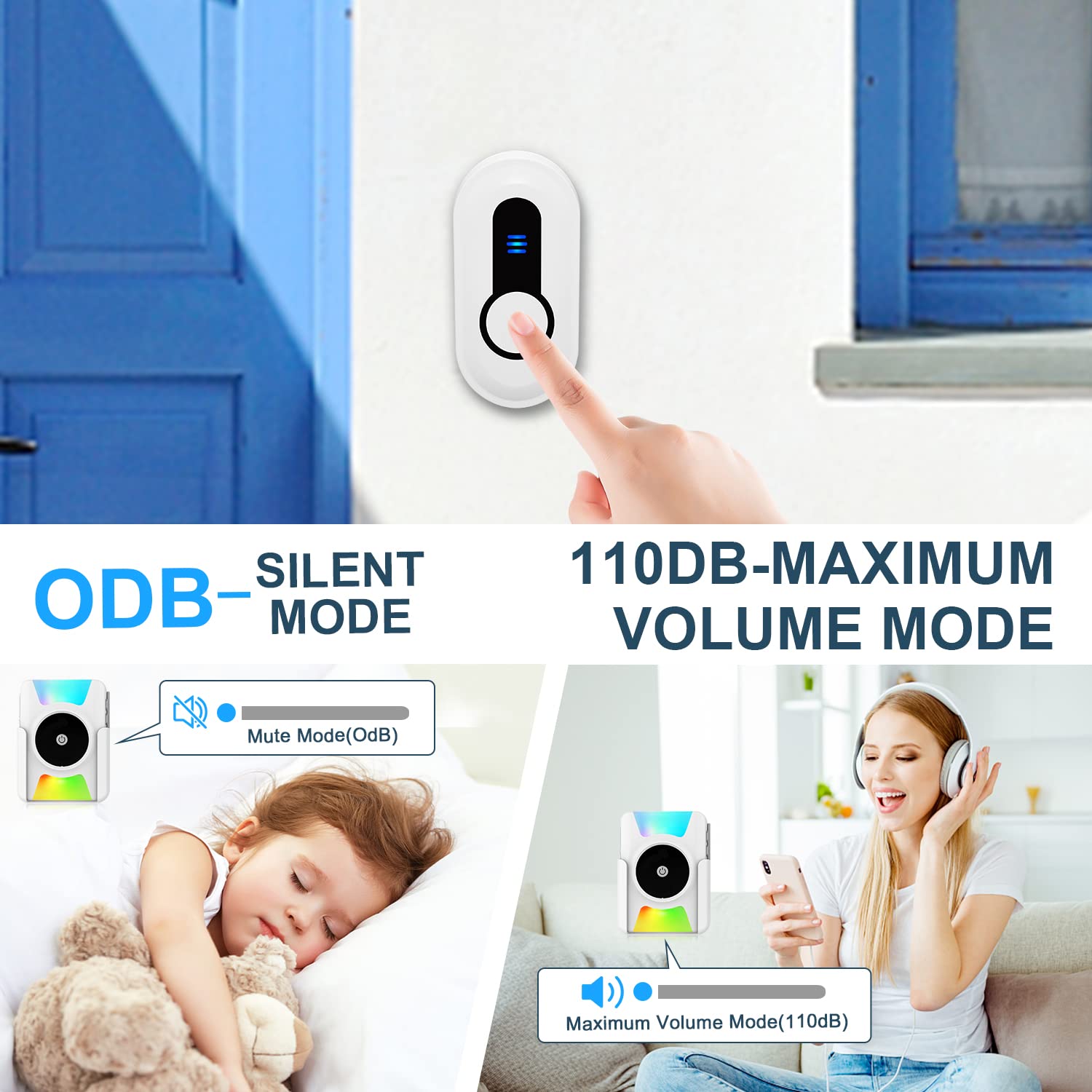 Daytech Wireless Doorbell Battery Operated Vibrating LED Flashing for Home Hearing Impaired Doorbell chime Kit,Battery Powered 4 Working Modes 5 Volume Level