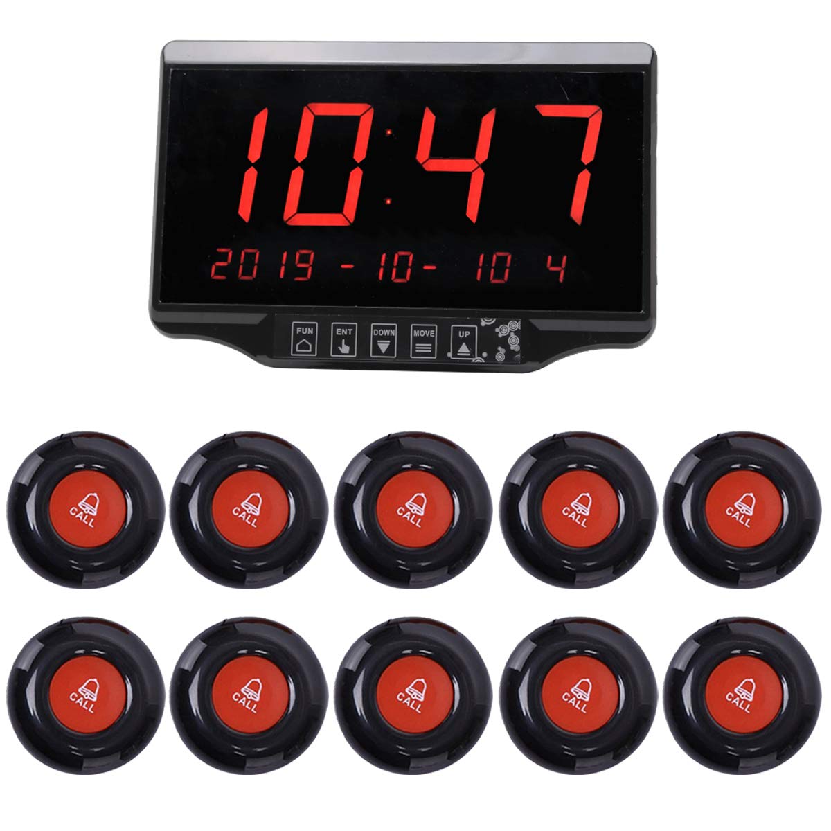 Daytech Wireless Calling System Restaurant Pager Customers Patient Caregiver Alert Paging System for Clinic Hospital Church Office Cafe Shop Smart Nurse Call Button 1 Display Receiver and 10 Call Butt