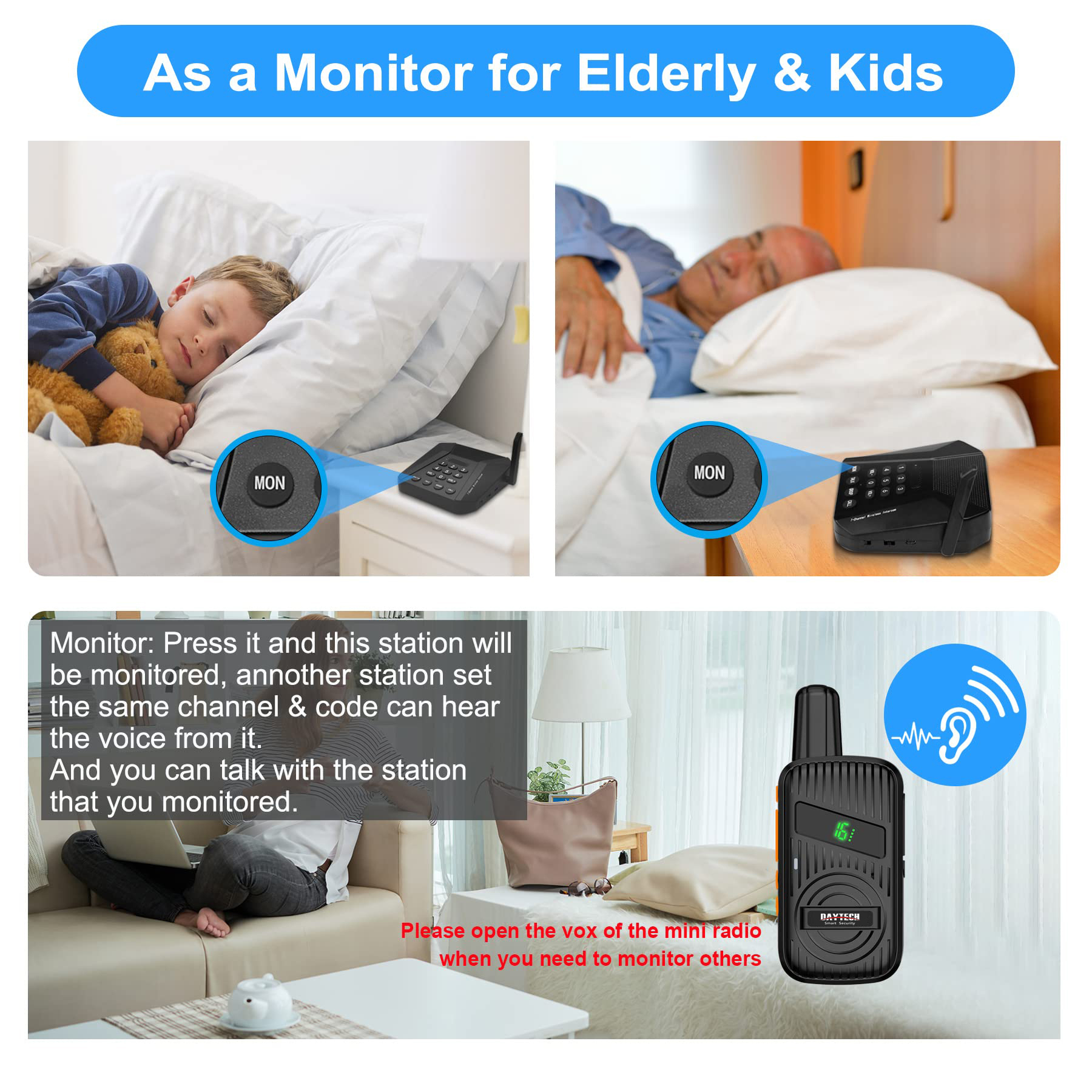 Daytech Rechargeable Wireless Intercoms 21 Channel walkie-talkie Battery Powered 1.5 Mile Long Range Wireless Intercom System