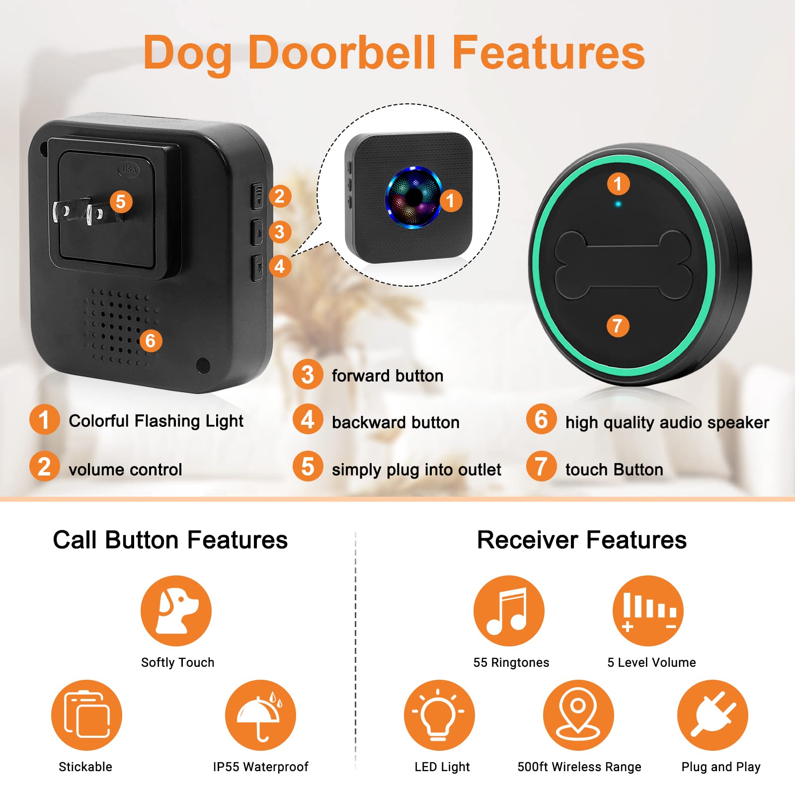 Daytech Waterproof Dog Doorbell Wireless Doggie Bell Pet door bell for Potty Training
